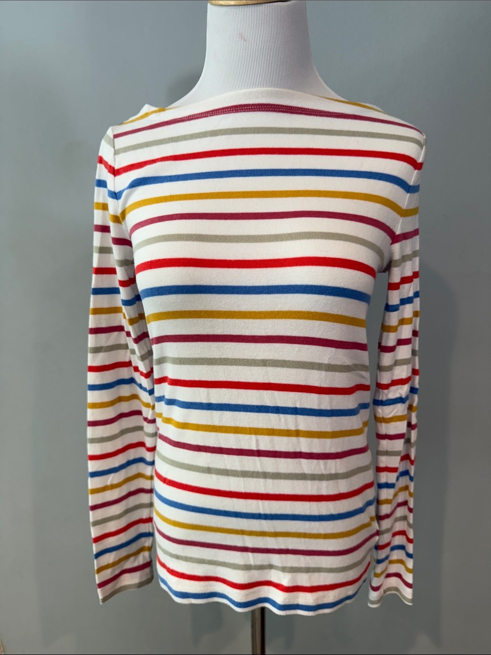 Striped Long-Sleeve Knit Top in Cream with Multi-Color Stripes